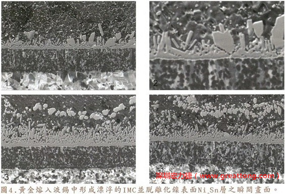 下面四張圖片為放大4500倍的SEM圖像，說明在回流焊爐熱量不足的情況下，黃金成份正要從鎳層分離融入焊錫之中的瞬間，當(dāng)零件遭受外力沖擊的時候就極有可能從這一整排AuSn、、AuSn2或AuSn4的IMC處裂開。