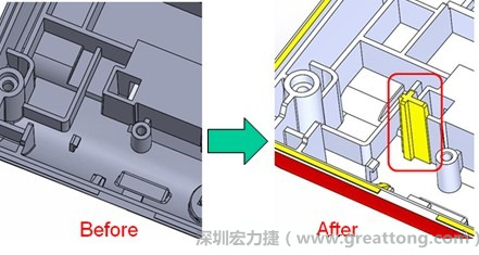 既然知道可能的問(wèn)題出在電路板變形量過(guò)大,于是在電路板上黏貼應(yīng)力計(jì)(Stress Gauge)然后先量測(cè)未改善前的應(yīng)力數(shù)據(jù)。改善方法是在BGA的附近新增機(jī)溝肋柱(rib)來(lái)頂住電路板以降低電路板在落下時(shí)的變形量。