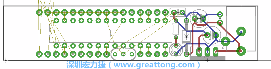 將ATmega微控制器、三個(gè)GPIO排針（JP2, JP3, JP4）和諧振器（resonator）排置如上圖所示。