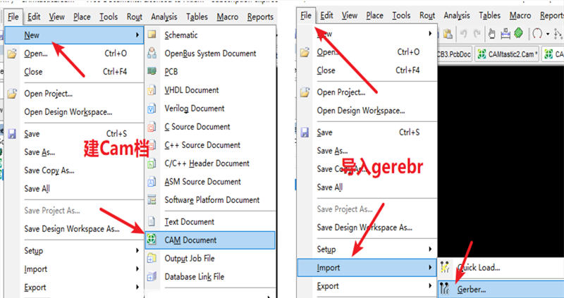 在File下新建 Cam檔，建后再File下導(dǎo)入Gerber文件，選擇所有文件導(dǎo)入gerber。